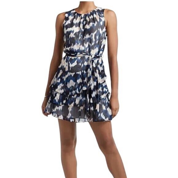 Smudged Polka Dot Navy Black White Tiered Mini Summer Business Casual Dress Sz M - Picture 1 of 14